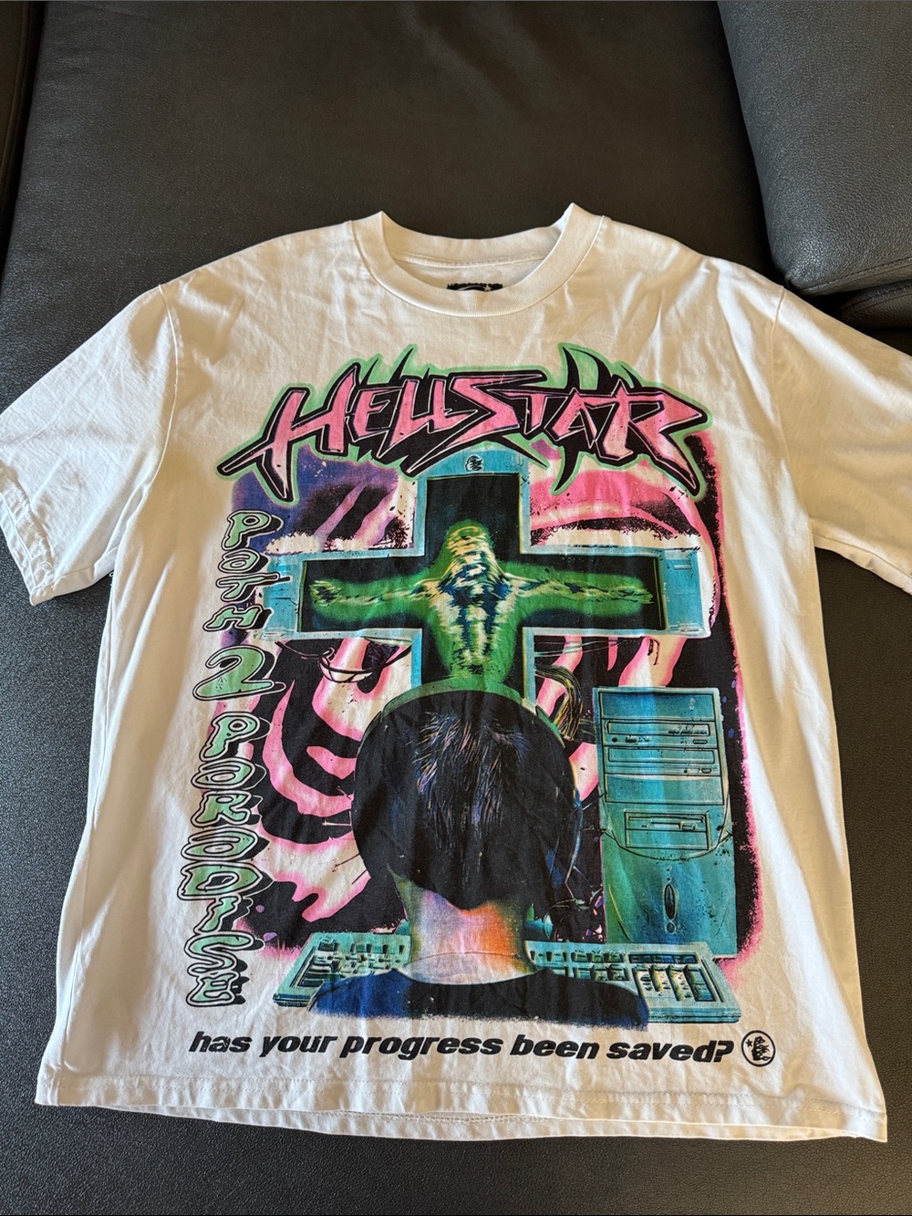 HELLSTAR White Graphic Tee with Neon Cross Print